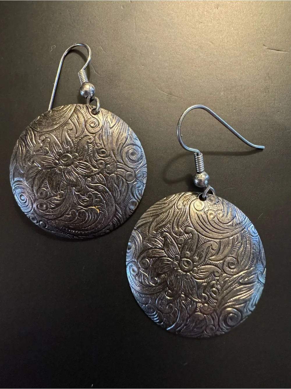 Silver Engraved Floral Disc Dangle Earrings